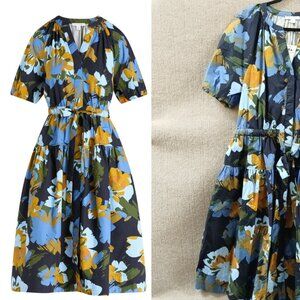 Fit and Flare Floral Midi Dress Women's XXL (20) Elastic Drop Waist Puff Sleeve